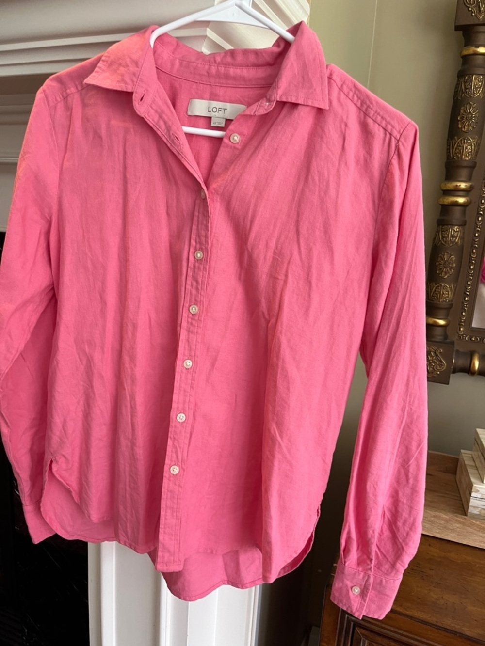 LOFT Hot Pink Lightweight Linen Blend Button-Up Shirt
